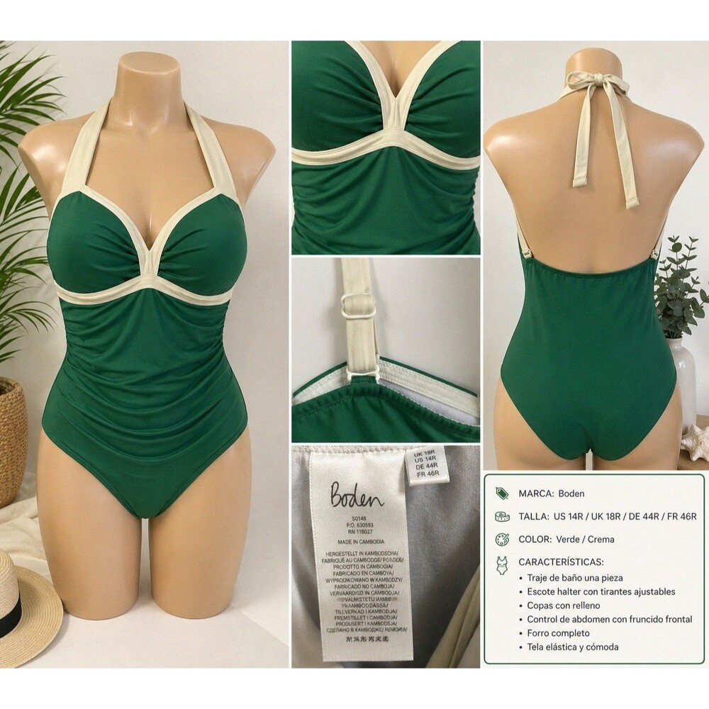 Boden Green One Piece Swimsuit US 14R UK 18R Tummy Control Halter Padded